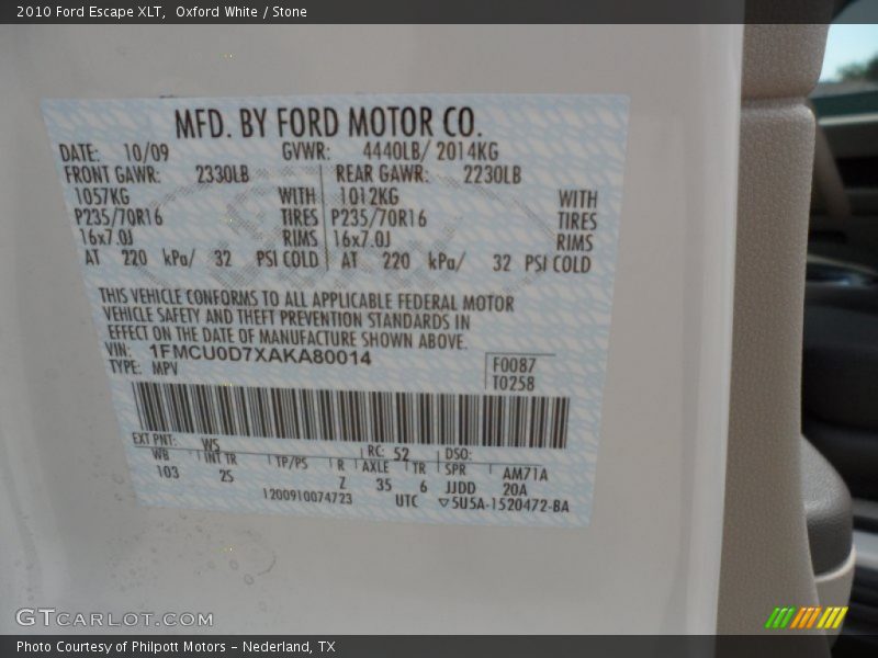 Oxford White / Stone 2010 Ford Escape XLT