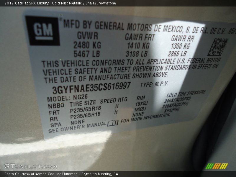 Gold Mist Metallic / Shale/Brownstone 2012 Cadillac SRX Luxury