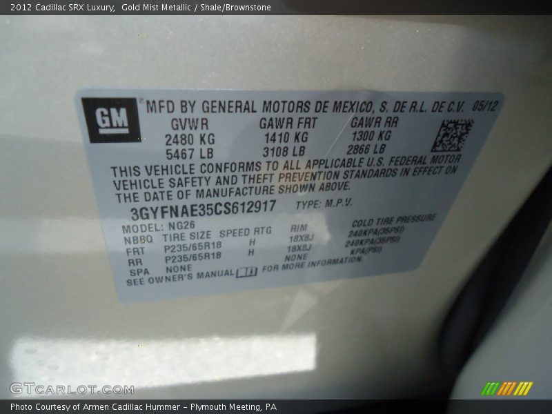 Gold Mist Metallic / Shale/Brownstone 2012 Cadillac SRX Luxury
