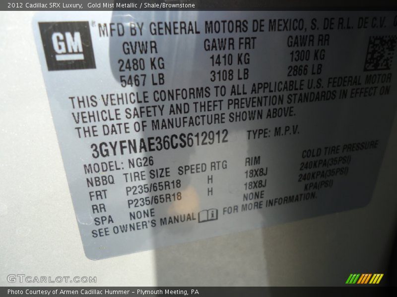 Gold Mist Metallic / Shale/Brownstone 2012 Cadillac SRX Luxury