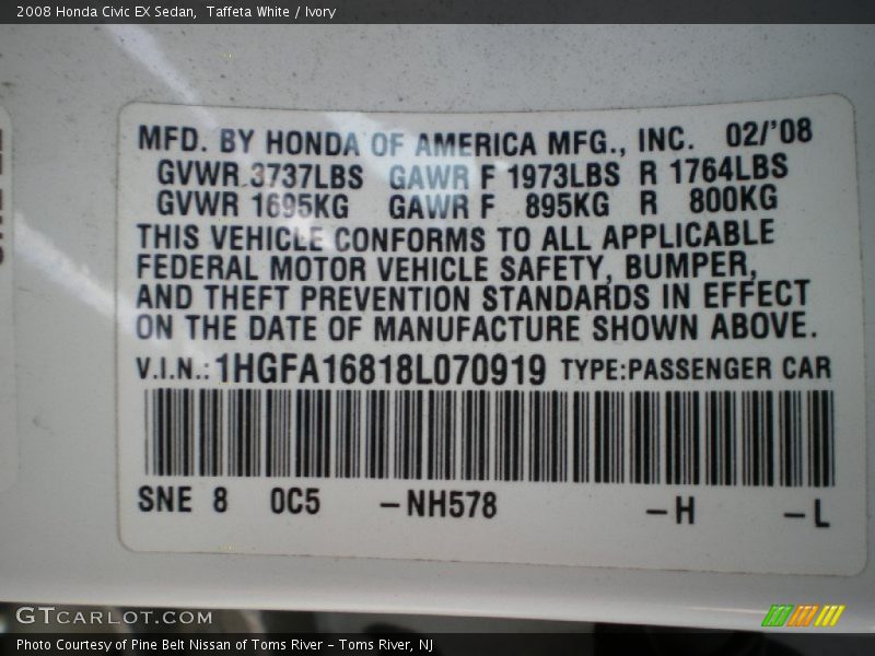 Taffeta White / Ivory 2008 Honda Civic EX Sedan