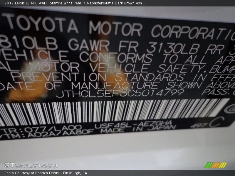 Starfire White Pearl / Alabaster/Matte Dark Brown Ash 2012 Lexus LS 460 AWD