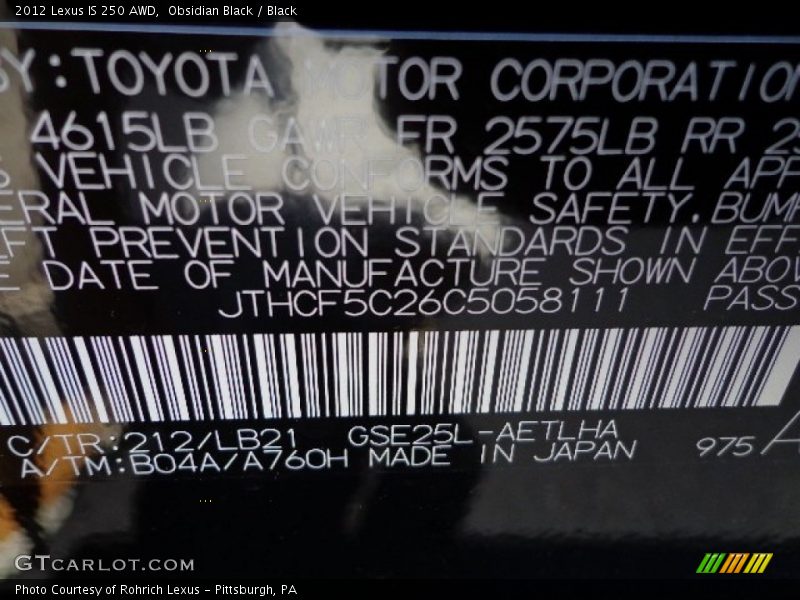 Obsidian Black / Black 2012 Lexus IS 250 AWD