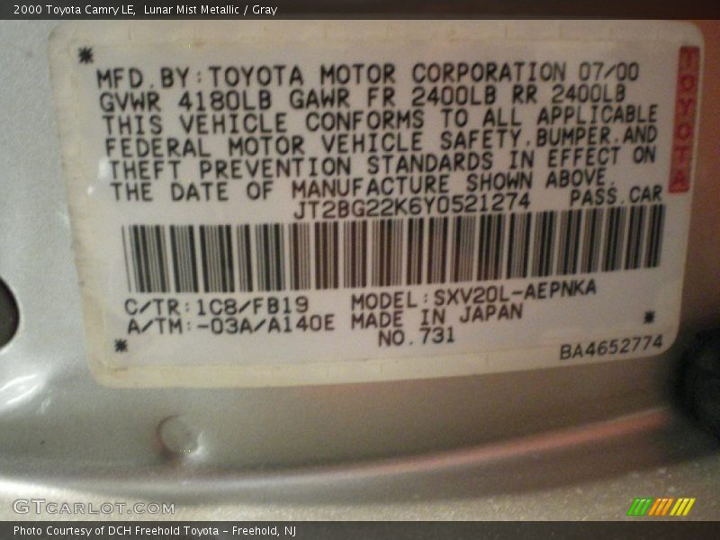 2000 Camry LE Lunar Mist Metallic Color Code 1C8