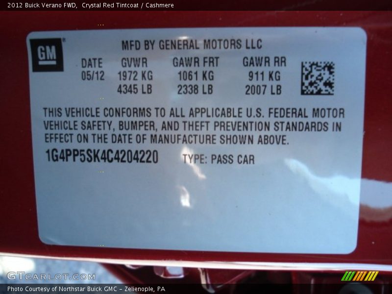 Crystal Red Tintcoat / Cashmere 2012 Buick Verano FWD