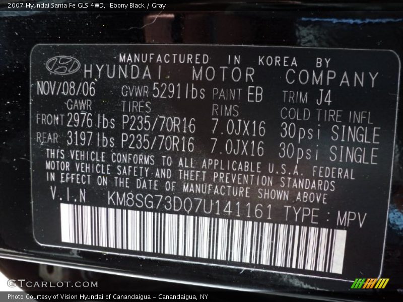 Ebony Black / Gray 2007 Hyundai Santa Fe GLS 4WD