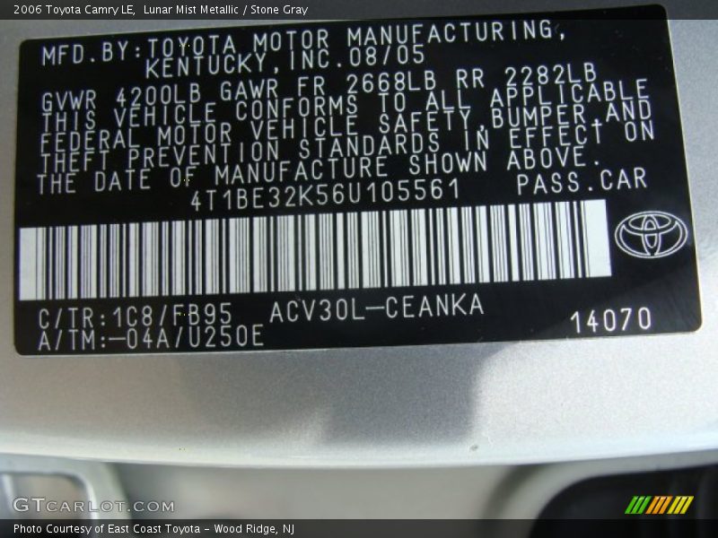 2006 Camry LE Lunar Mist Metallic Color Code 1C8