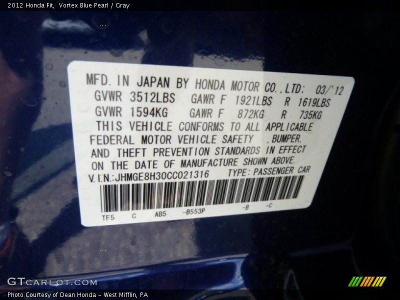 Vortex Blue Pearl / Gray 2012 Honda Fit