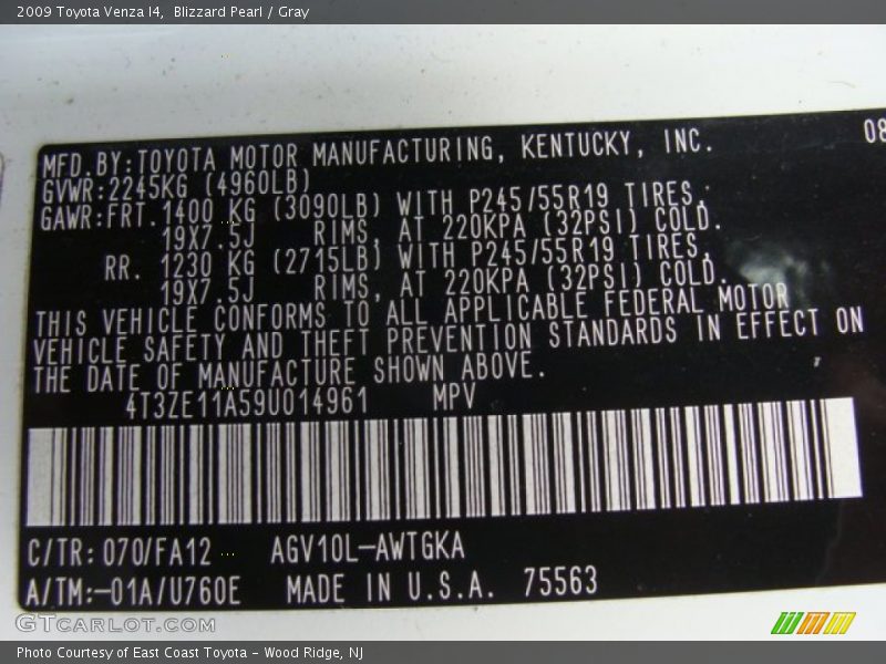 Blizzard Pearl / Gray 2009 Toyota Venza I4