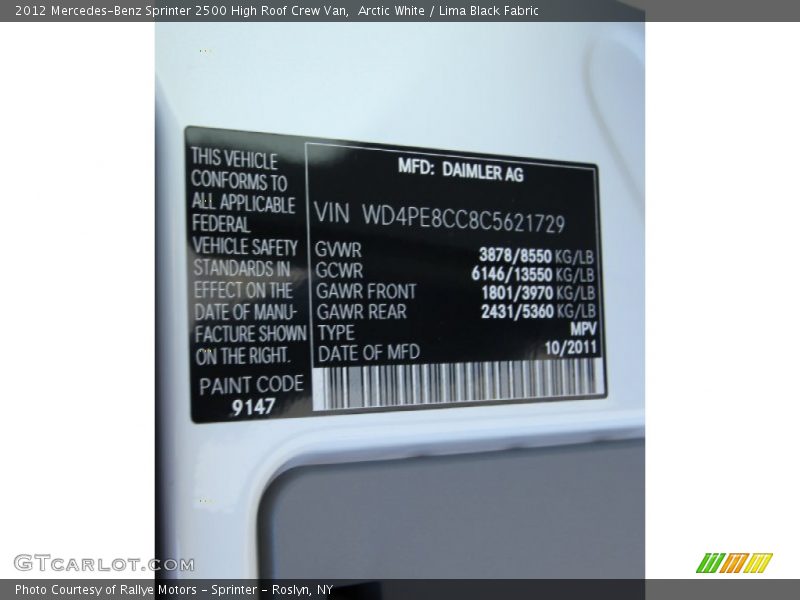 9147 - 2012 Mercedes-Benz Sprinter 2500 High Roof Crew Van