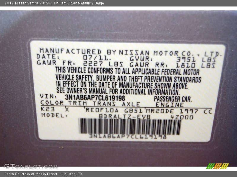 Brilliant Silver Metallic / Beige 2012 Nissan Sentra 2.0 SR