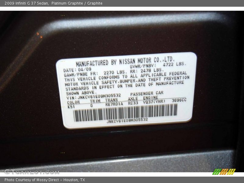 Platinum Graphite / Graphite 2009 Infiniti G 37 Sedan