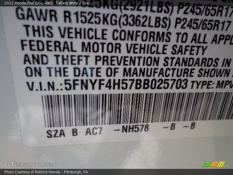 Taffeta White / Gray 2011 Honda Pilot EX-L 4WD