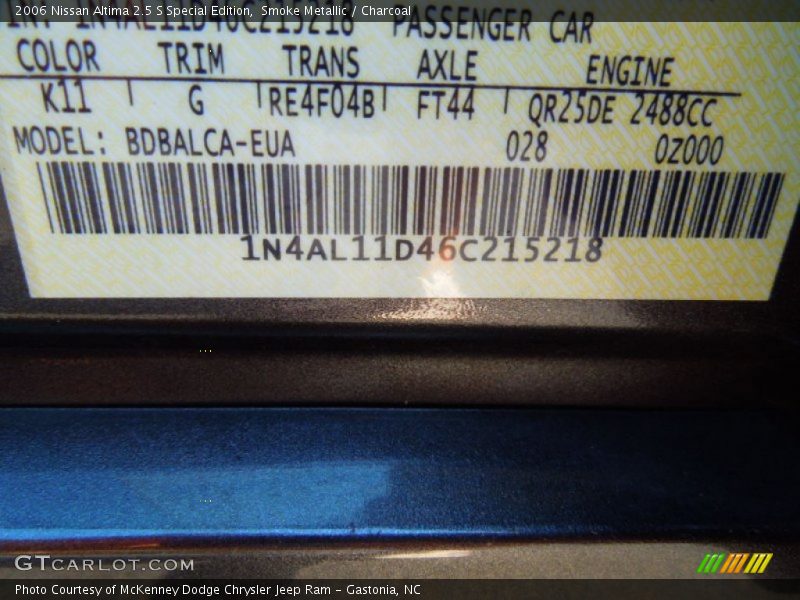 2006 Altima 2.5 S Special Edition Smoke Metallic Color Code K11