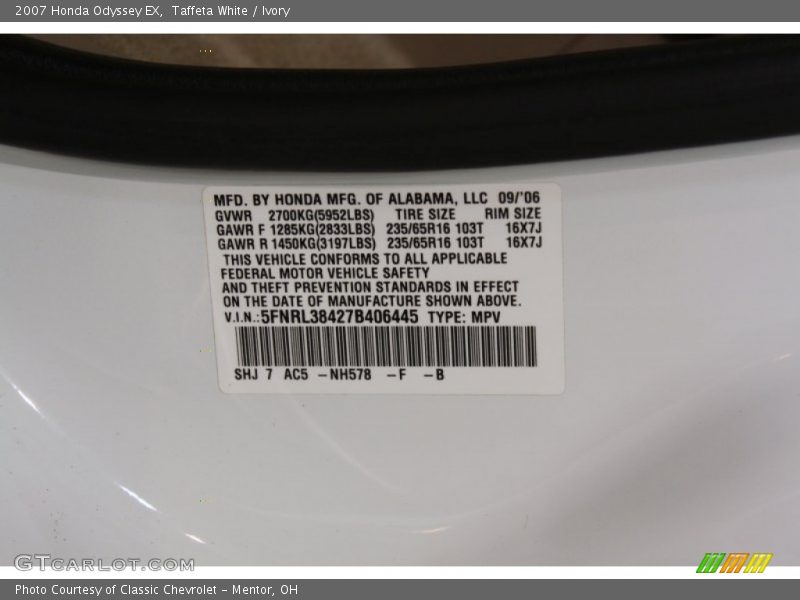 Taffeta White / Ivory 2007 Honda Odyssey EX