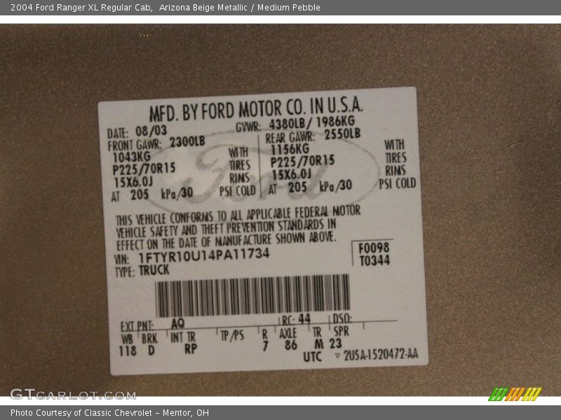2004 Ranger XL Regular Cab Arizona Beige Metallic Color Code AQ