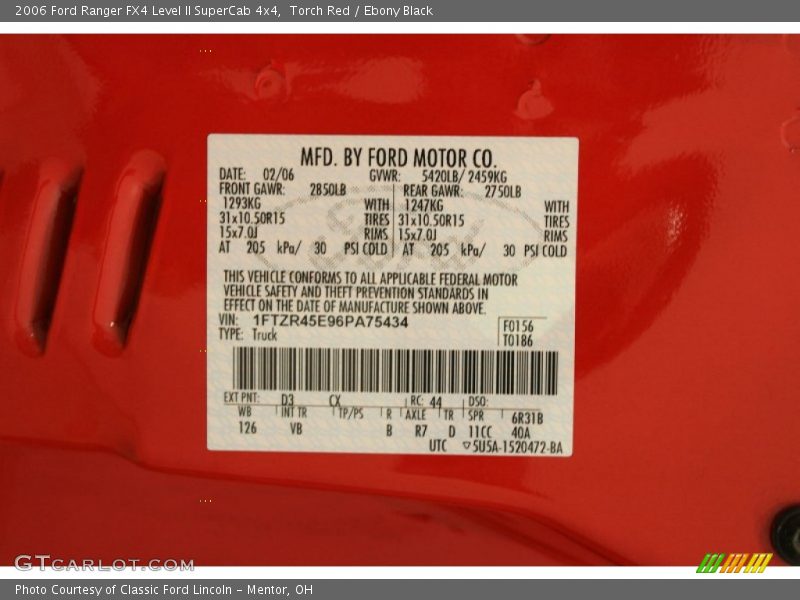 2006 Ranger FX4 Level II SuperCab 4x4 Torch Red Color Code D3