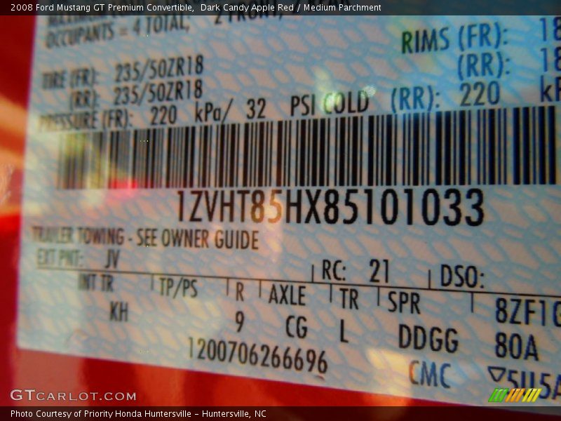 2008 Mustang GT Premium Convertible Dark Candy Apple Red Color Code JV