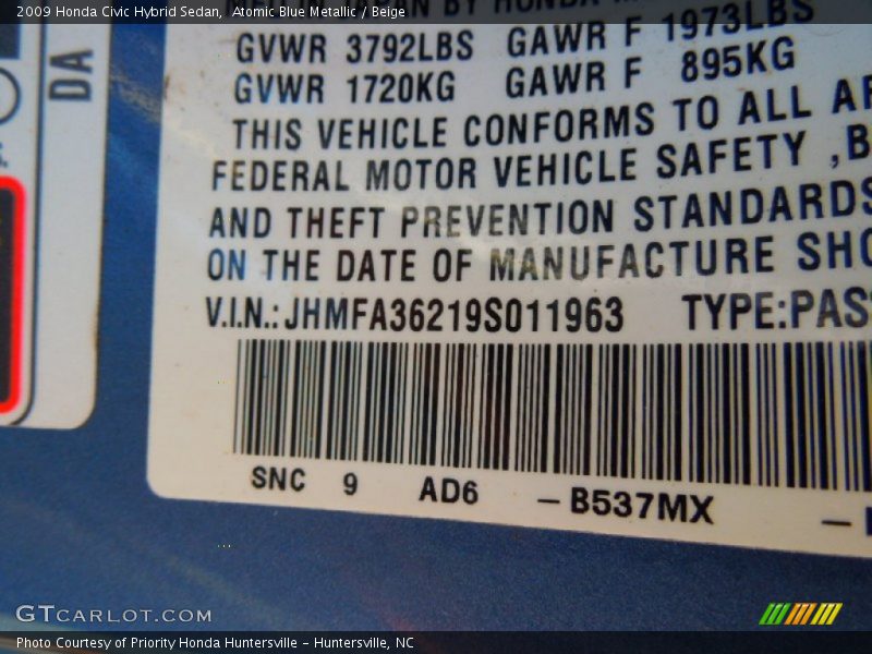 Atomic Blue Metallic / Beige 2009 Honda Civic Hybrid Sedan