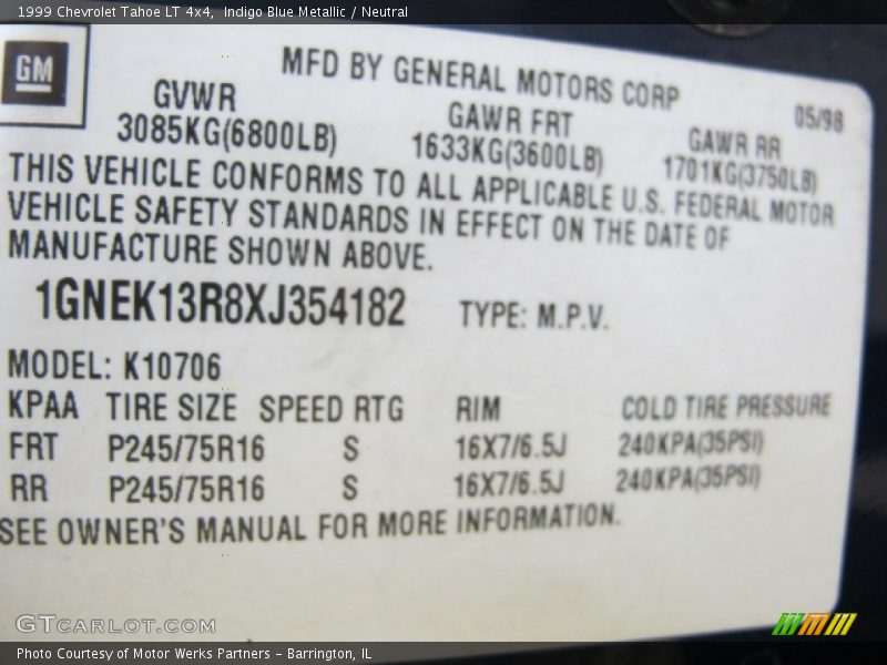 Indigo Blue Metallic / Neutral 1999 Chevrolet Tahoe LT 4x4