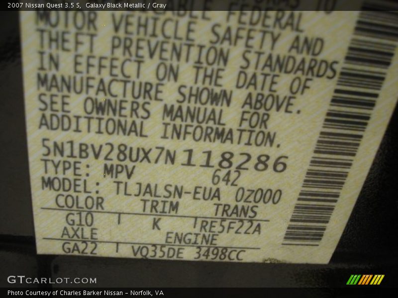 2007 Quest 3.5 S Galaxy Black Metallic Color Code G10
