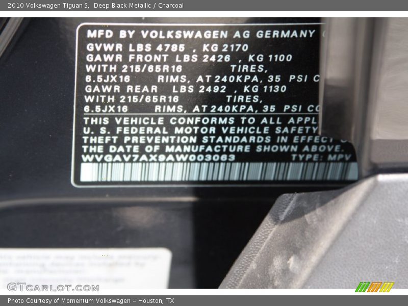 Deep Black Metallic / Charcoal 2010 Volkswagen Tiguan S
