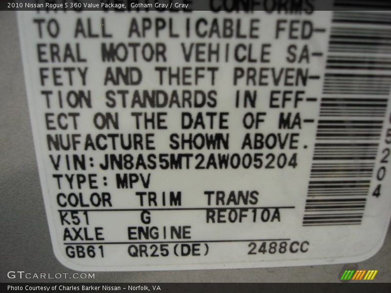 Gotham Gray / Gray 2010 Nissan Rogue S 360 Value Package