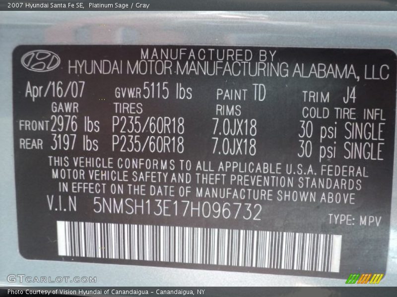 Platinum Sage / Gray 2007 Hyundai Santa Fe SE