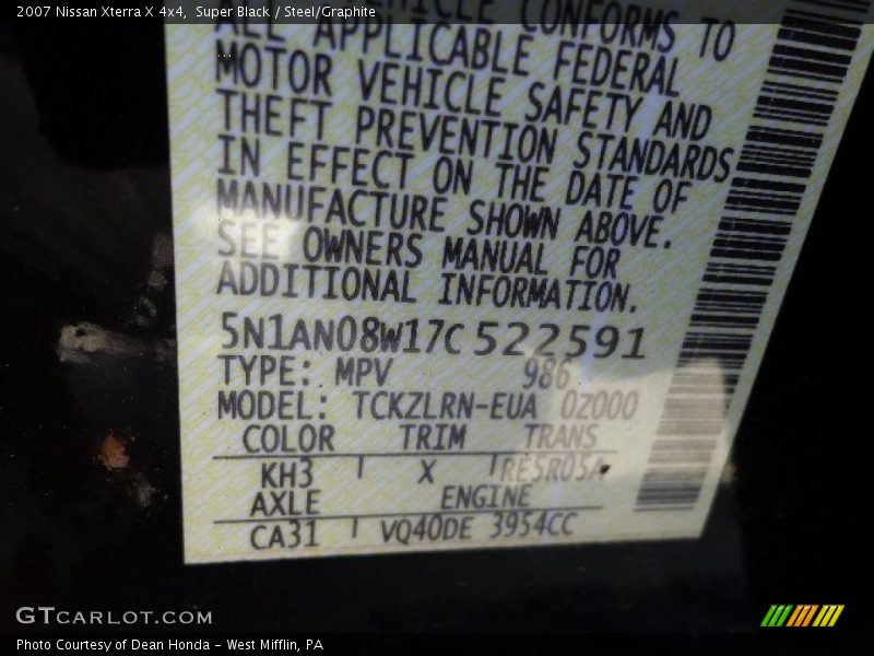 2007 Xterra X 4x4 Super Black Color Code KH3