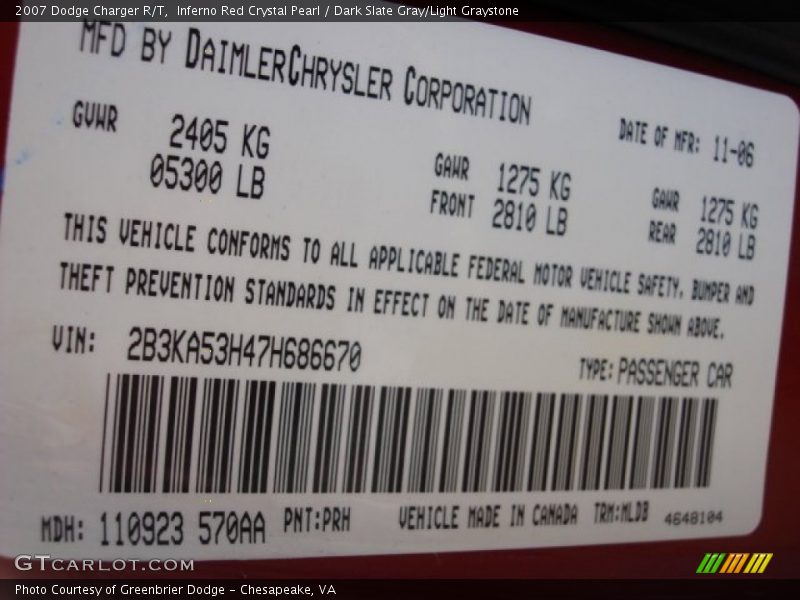 Inferno Red Crystal Pearl / Dark Slate Gray/Light Graystone 2007 Dodge Charger R/T