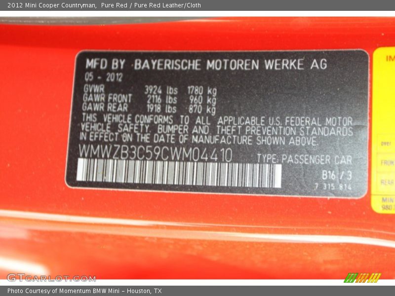 Info Tag of 2012 Cooper Countryman