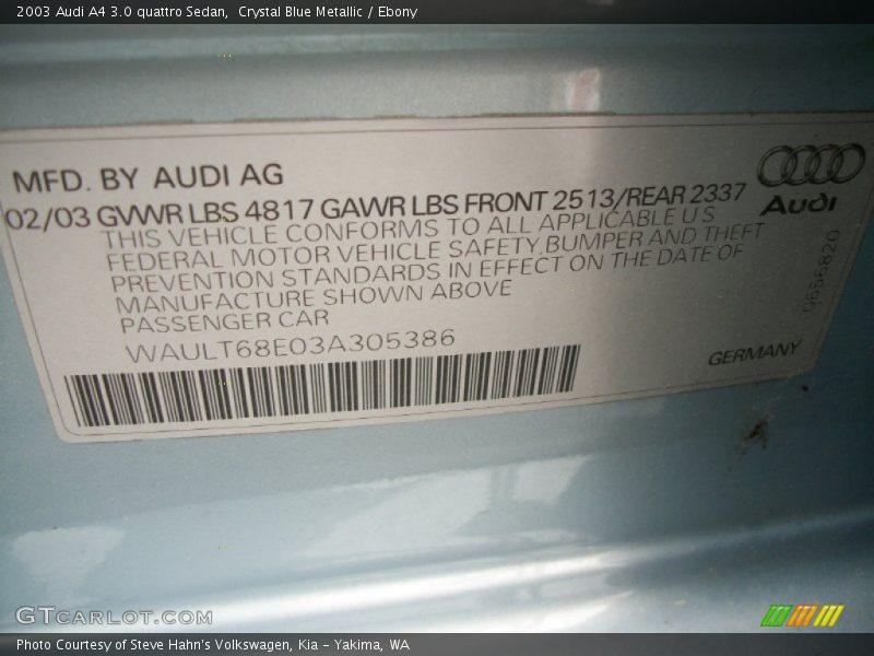 Info Tag of 2003 A4 3.0 quattro Sedan