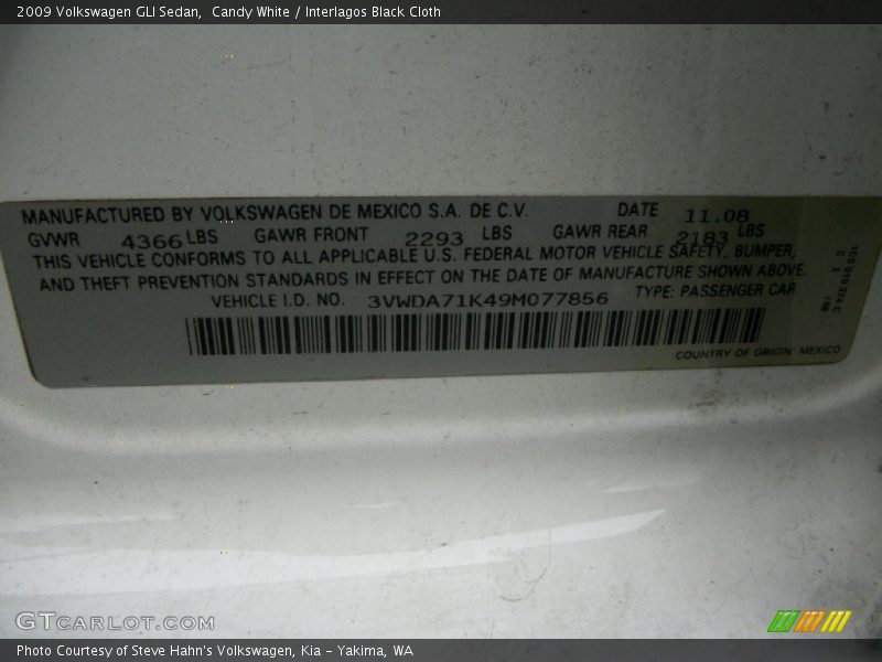 Candy White / Interlagos Black Cloth 2009 Volkswagen GLI Sedan