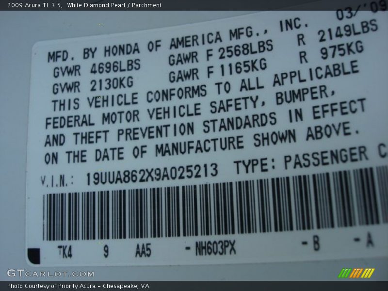 White Diamond Pearl / Parchment 2009 Acura TL 3.5