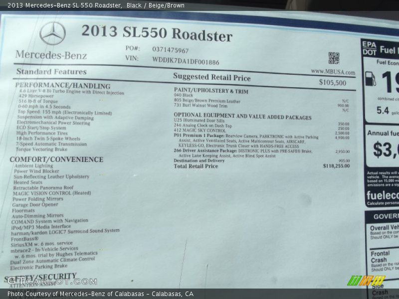  2013 SL 550 Roadster Window Sticker