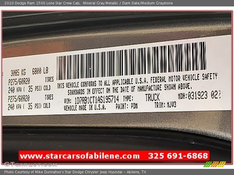 Mineral Gray Metallic / Dark Slate/Medium Graystone 2010 Dodge Ram 1500 Lone Star Crew Cab