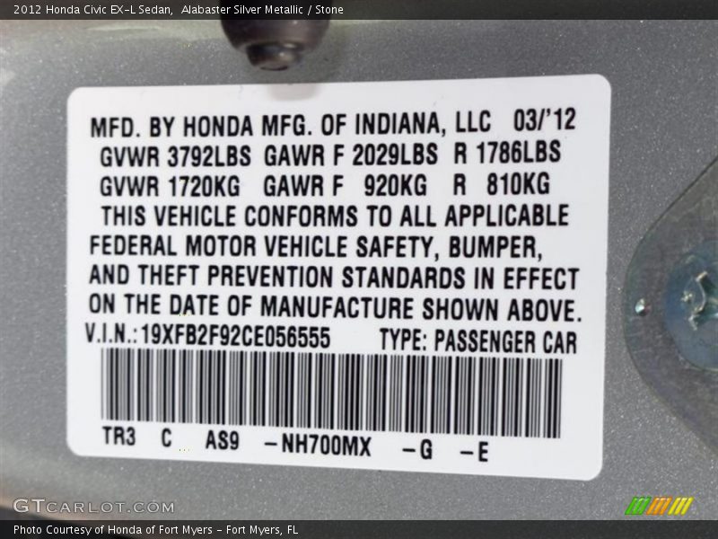 Alabaster Silver Metallic / Stone 2012 Honda Civic EX-L Sedan