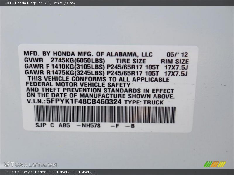 2012 Ridgeline RTS White Color Code NH578