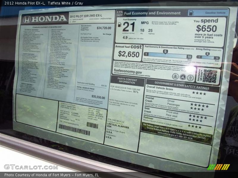 Taffeta White / Gray 2012 Honda Pilot EX-L