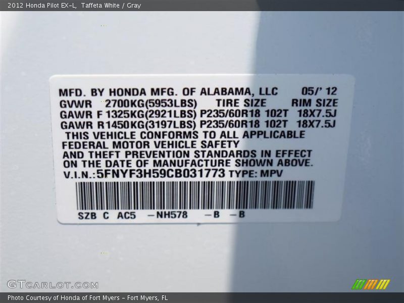Taffeta White / Gray 2012 Honda Pilot EX-L