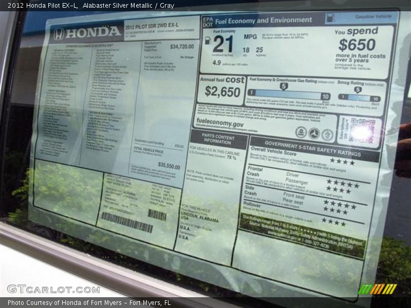Alabaster Silver Metallic / Gray 2012 Honda Pilot EX-L