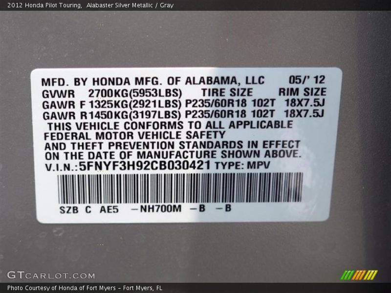 2012 Pilot Touring Alabaster Silver Metallic Color Code NH700M