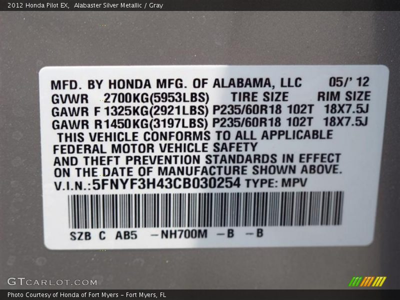 2012 Pilot EX Alabaster Silver Metallic Color Code NH700M