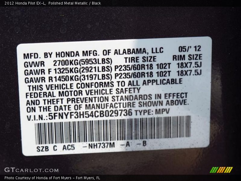 Polished Metal Metallic / Black 2012 Honda Pilot EX-L
