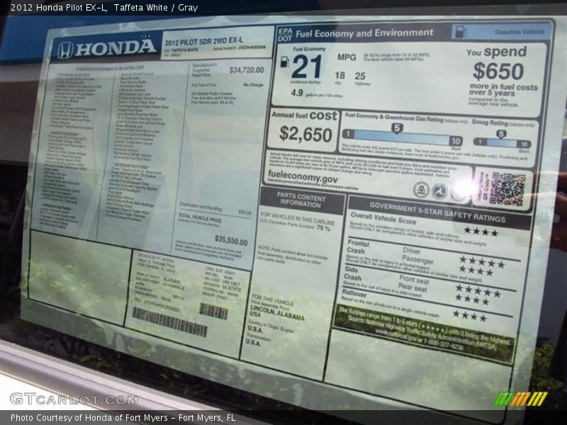 Taffeta White / Gray 2012 Honda Pilot EX-L