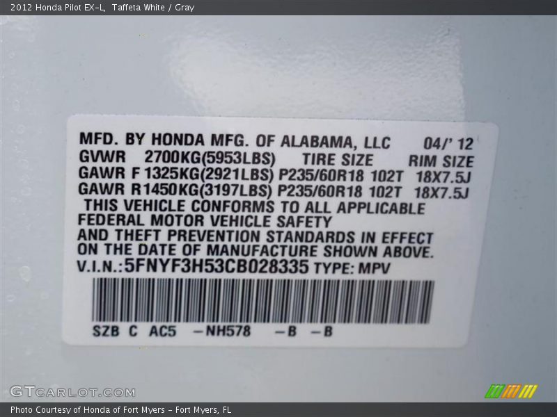 Taffeta White / Gray 2012 Honda Pilot EX-L