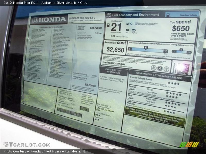 Alabaster Silver Metallic / Gray 2012 Honda Pilot EX-L