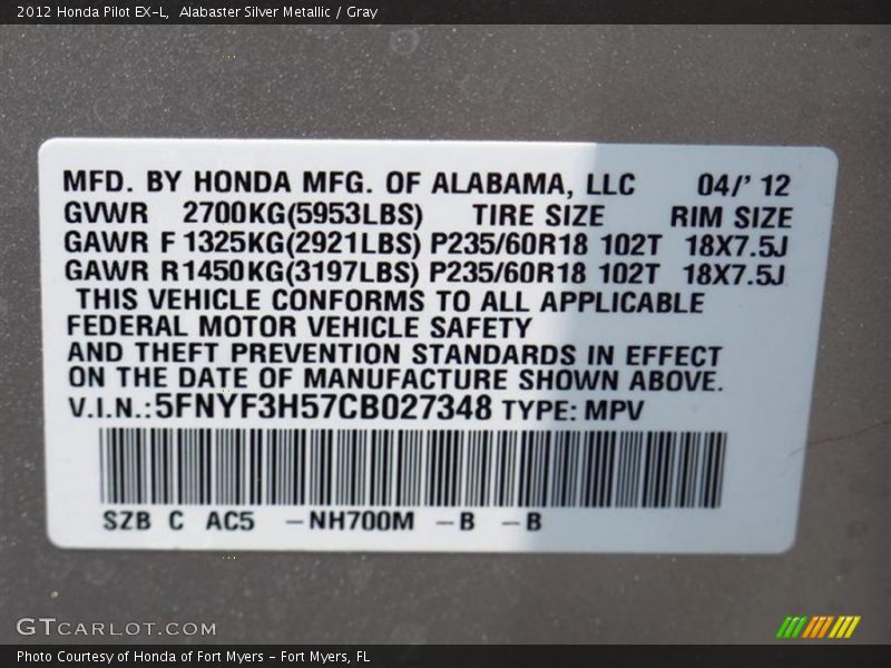 Alabaster Silver Metallic / Gray 2012 Honda Pilot EX-L