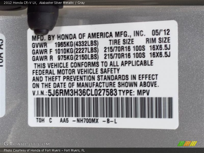 Alabaster Silver Metallic / Gray 2012 Honda CR-V LX