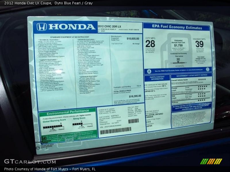 Dyno Blue Pearl / Gray 2012 Honda Civic LX Coupe